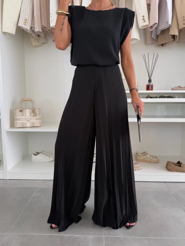 Black 2-piece set: cap-sleeve top and pleated wide-leg trousers
