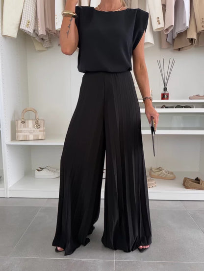 Black 2-piece set: cap-sleeve top and pleated wide-leg trousers