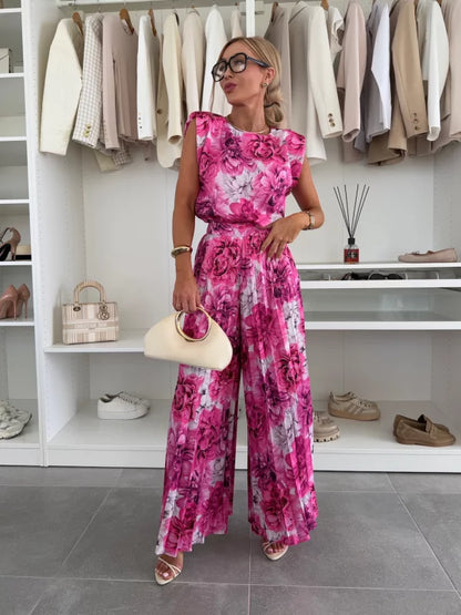 Fuchsia floral 2-piece set: cap-sleeve top and pleated wide-leg trousers