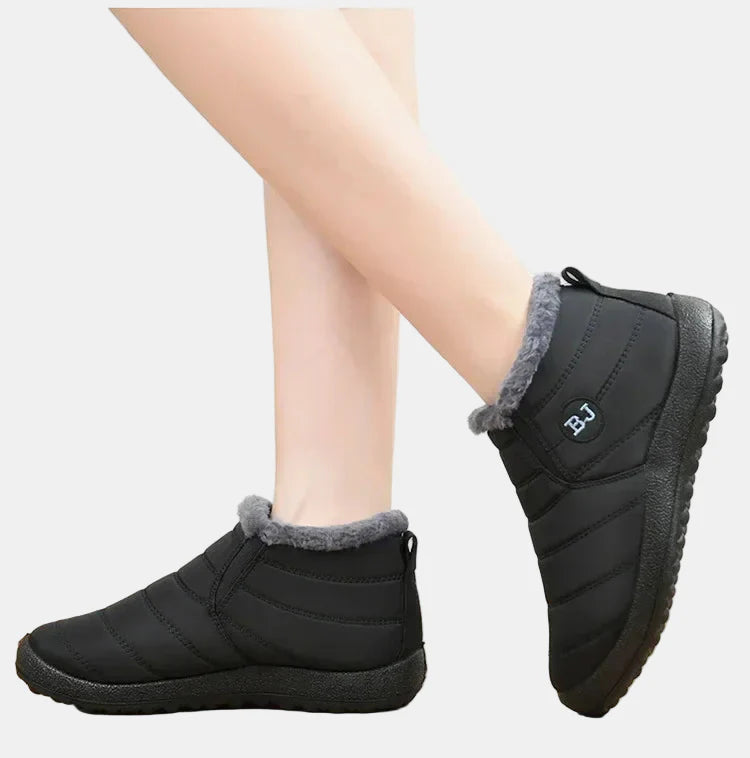 Black waterproof winter ankle boots with gray faux-fur trim and BJ emblem