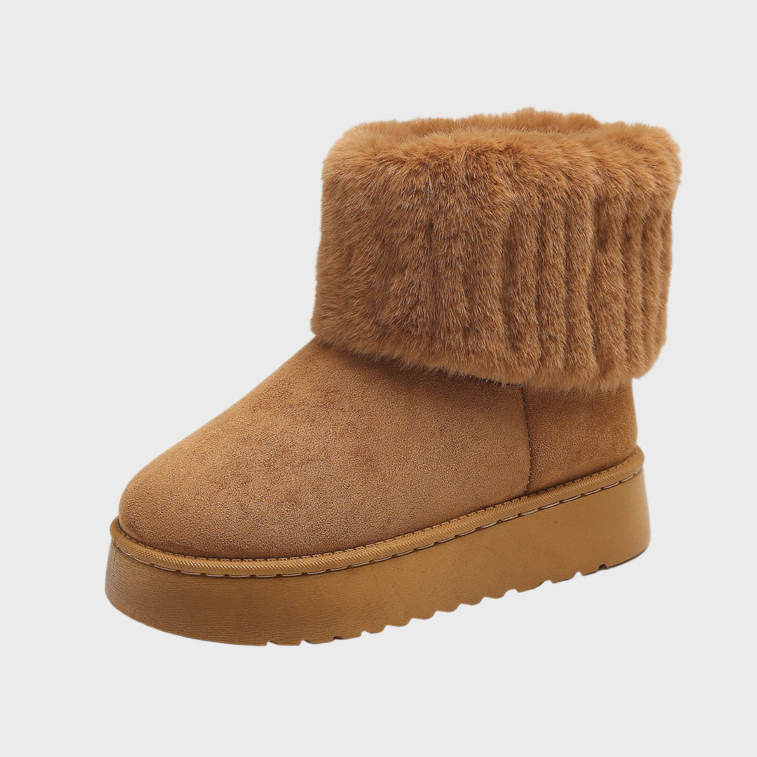 Tan/brown platform ankle boots with faux fur cuff and chunky sole