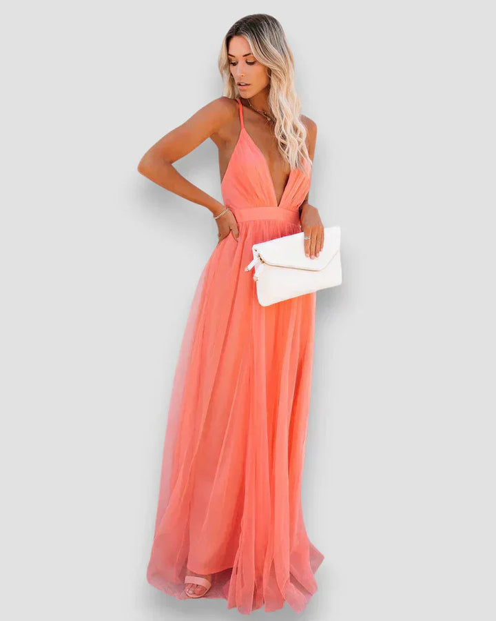 Coral pink halter long dress with deep V neckline and ruffled hem