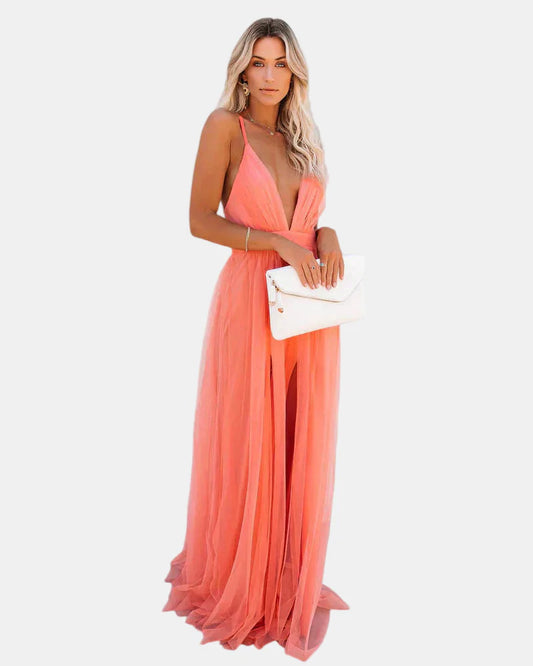Coral pink halter long dress with plunging V neckline, pleated chiffon skirt