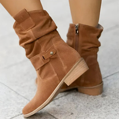 Brown suede ankle boots with side zipper, buckle strap, and low block heel