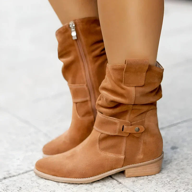 Tan suede ankle boots with side zipper, decorative strap, and low block heel