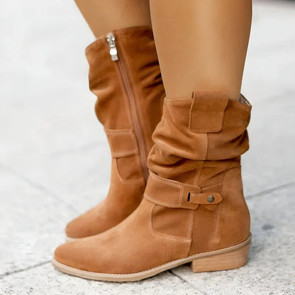 Tan suede ankle boots with side zipper, decorative strap, and low block heel
