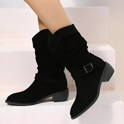 Black suede ankle boots with buckle strap and low block heel