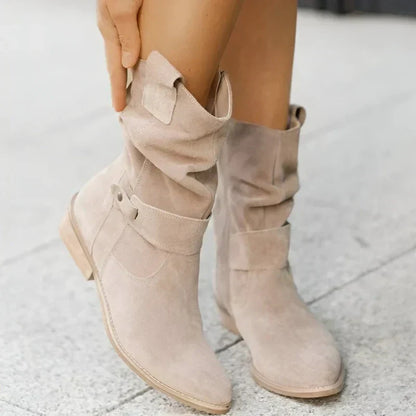 Light beige suede ankle boots with side zipper and low block heel
