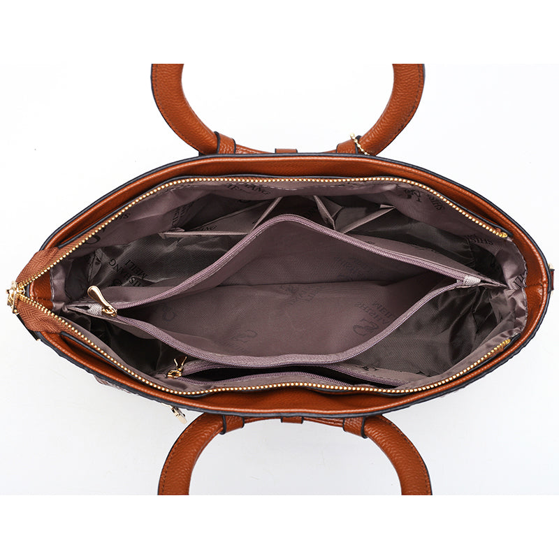 Tan handbag interior with open top, visible lining, and zip pocket