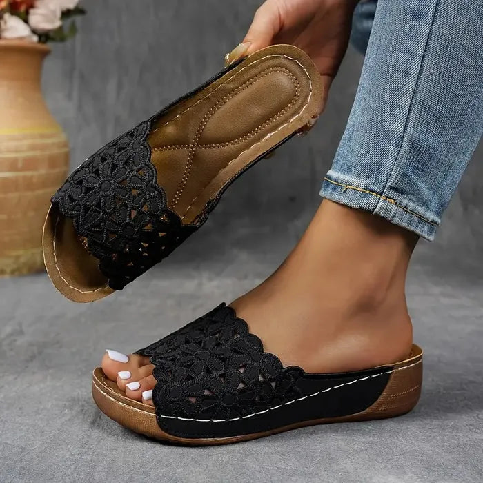 Delilah ergonomic sandals, black crochet open-toe slip-on with tan sole