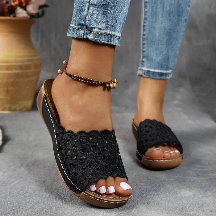Delilah open-toe sandals, black lace upper with scalloped edge and tan sole