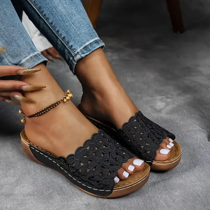 Delilah open-toe sandals, black lace-knit upper with tan sole and contrast stitching