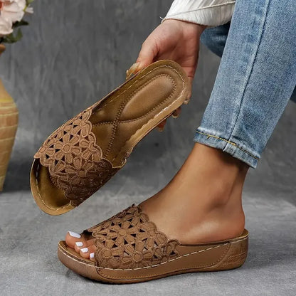 Delilah ergonomic sandals, tan brown crochet open-toe slip-on with tan sole
