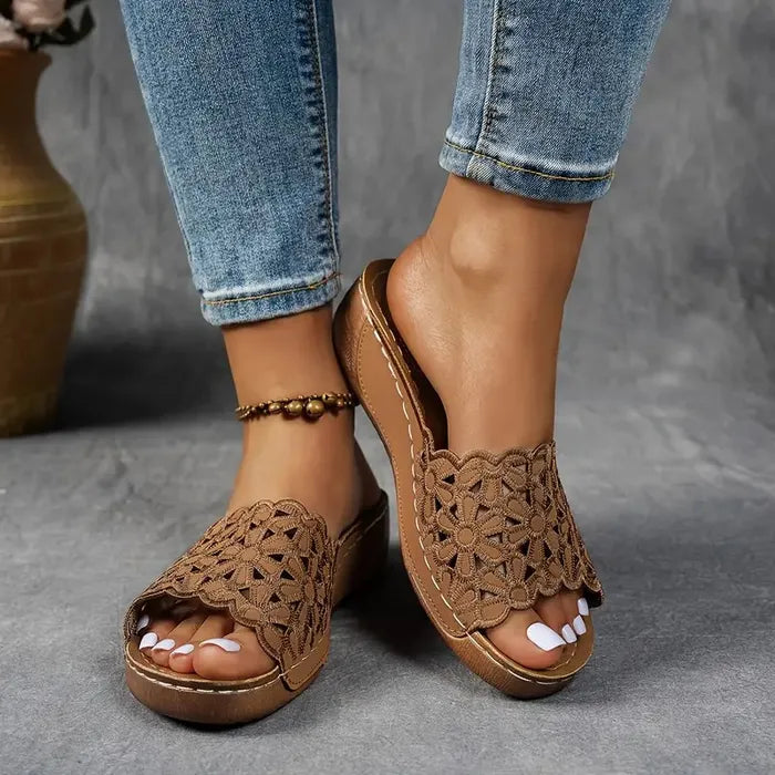 Delilah ergonomic sandals, caramel brown crochet open-toe slip-on with tan sole