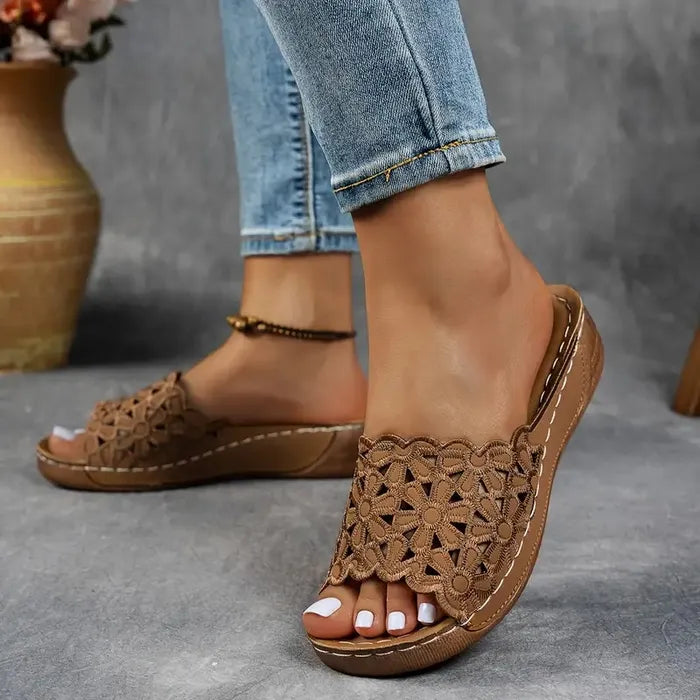Delilah ergonomic sandals, dark brown crochet open-toe slip-on with tan sole
