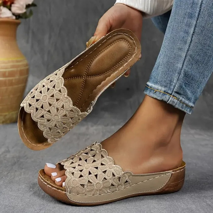 Delilah ergonomic sandals, khaki crochet open-toe slip-on with tan sole