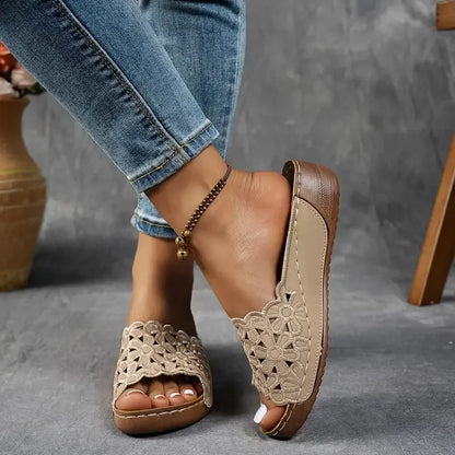 Delilah ergonomic sandals, beige crochet open-toe slip-on with tan sole