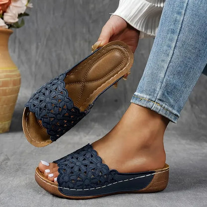 Delilah open-toe sandals, navy lace upper with brown sole and visible side stitching