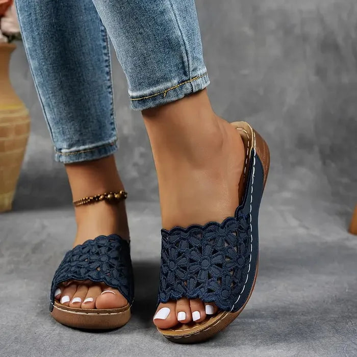 Delilah open-toe sandals, navy lace upper with scalloped cutout and brown sole