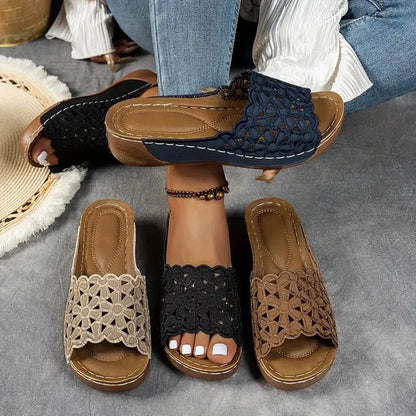 Delilah open-toe sandals set, black, navy, and tan lace uppers with tan soles