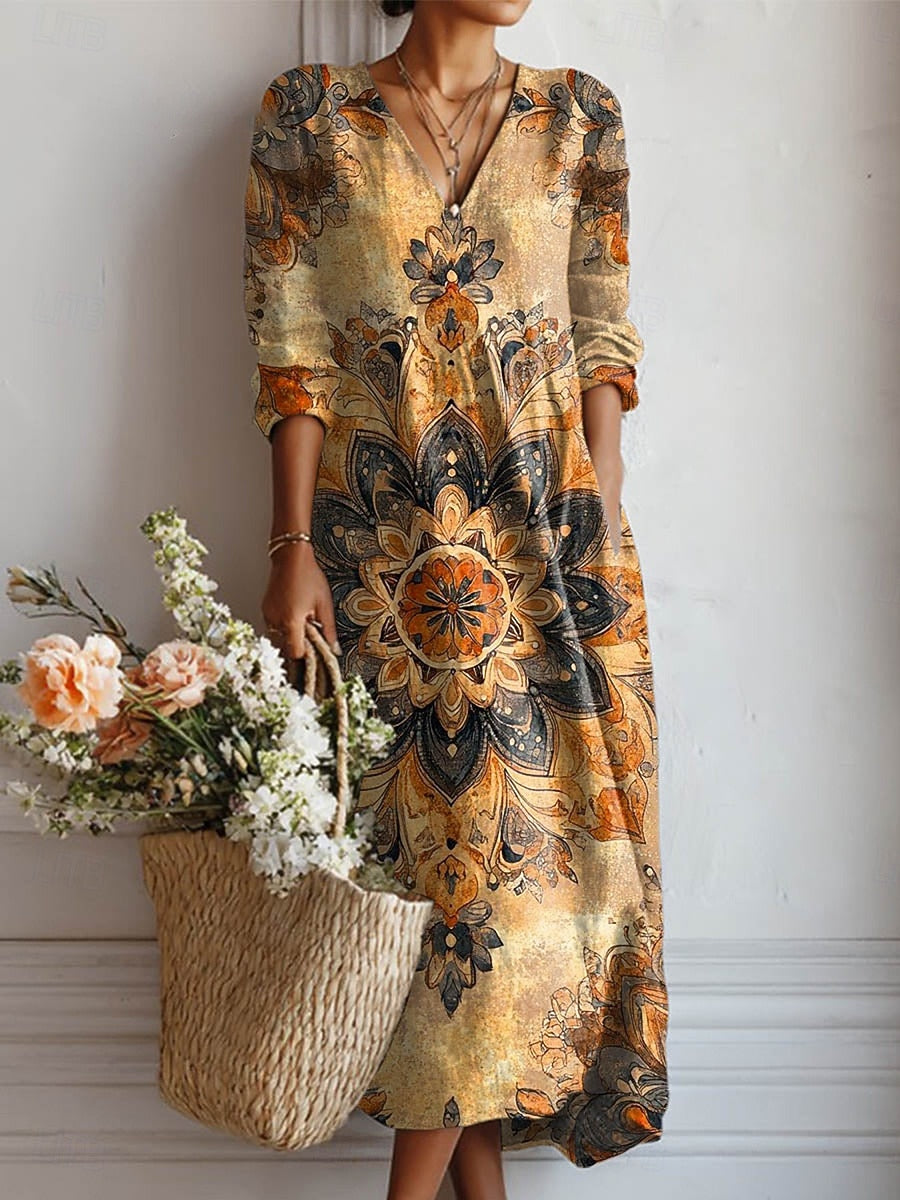 Comfort dress with V-neck, 3/4 sleeves, floral paisley print, golden-brown midi