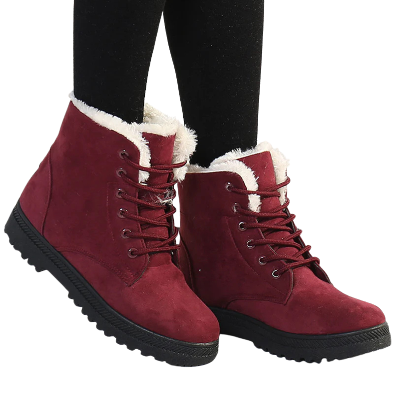 Burgundy ankle boots with faux-fur trim, lace-up eyelets, chunky rubber sole