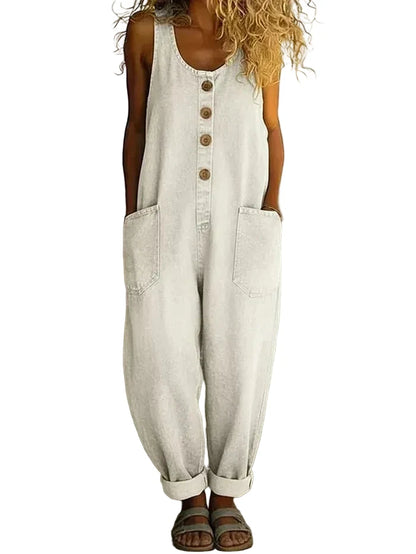 White denim vintage-style overalls with button-front bib and two front patch pockets