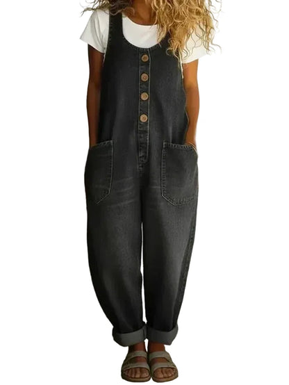 Black denim vintage-style overalls with button-front bib and two front patch pockets