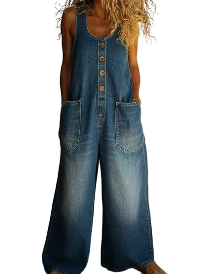 Blue denim vintage-style overalls with button-front bib and large front patch pockets