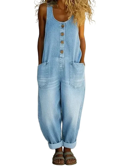Light blue denim vintage-style overalls with button-front bib and two chest pockets