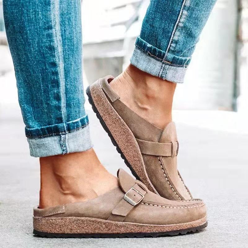 Heidi orthopedic slippers in tan suede with strap and silver buckle detail