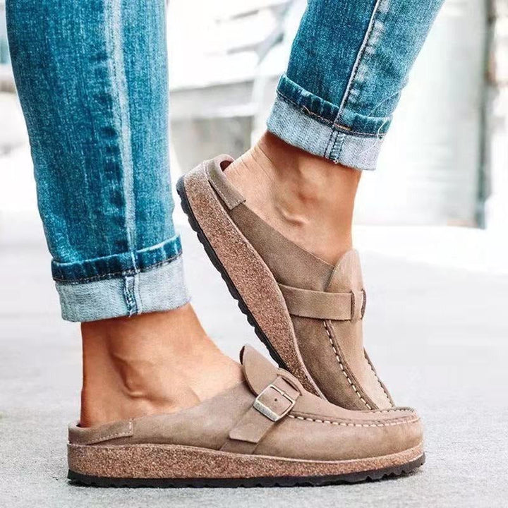Heidi orthopedic slippers in tan suede with strap and silver buckle detail