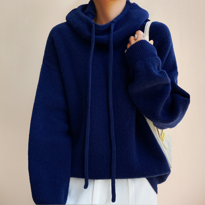 Dark blue winter hoodie with hood and drawstring ties, ribbed cuffs and hem
