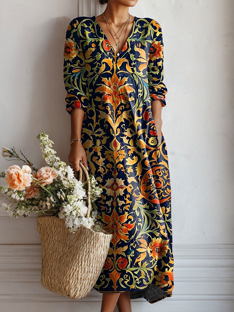 Everyday comfort dress with navy floral print, V-neck, long sleeves, button front