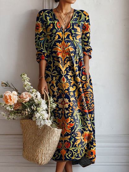 Everyday comfort dress with navy floral print, V-neck, long sleeves, button front