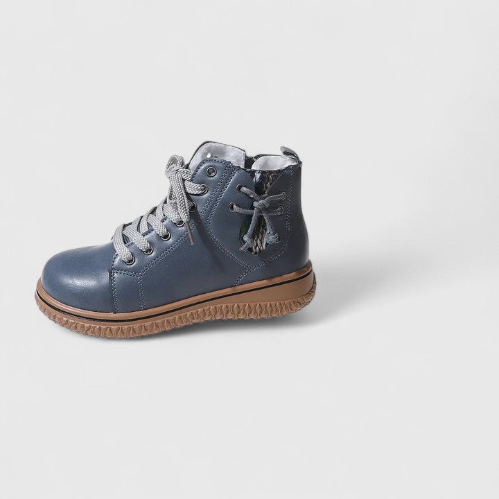 Pair of blue high-cut sneakers with gray laces and tan textured outsole