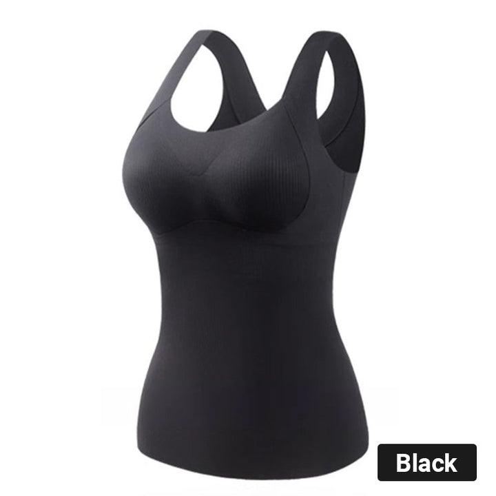 Black women's thermal padded tank top, scoop neckline, sleeveless with stretch fit.