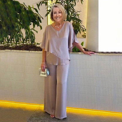 Sarina™ two-piece set, khaki V-neck tiered top with relaxed wide-leg trousers