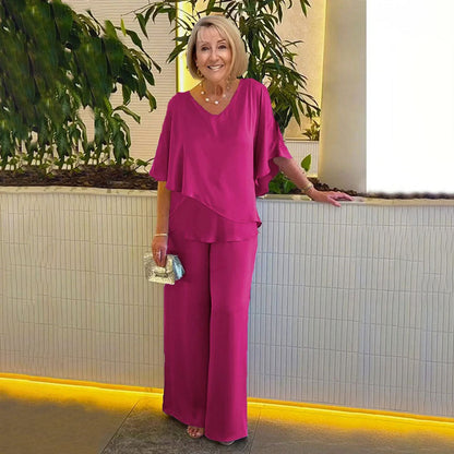 Sarina™ two-piece set, dark pink V-neck tiered top with relaxed wide-leg trousers