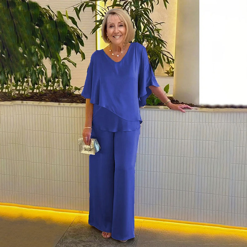 Sarina™ two-piece set, blue V-neck tiered top with relaxed wide-leg trousers