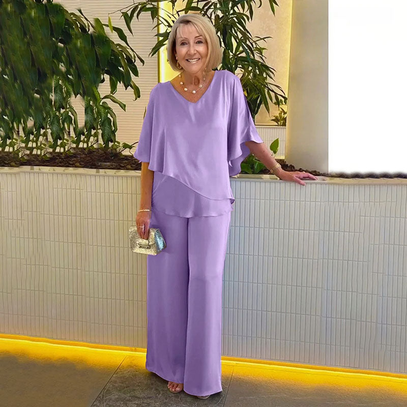 Sarina™ two-piece set, purple V-neck tiered top with relaxed wide-leg trousers