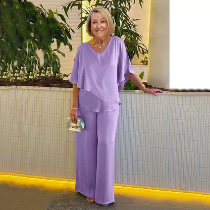 Sarina™ two-piece set, purple V-neck tiered top with relaxed wide-leg trousers