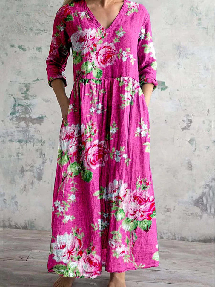 Pink floral long dress with V-neck and gathered skirt, 3/4 sleeves