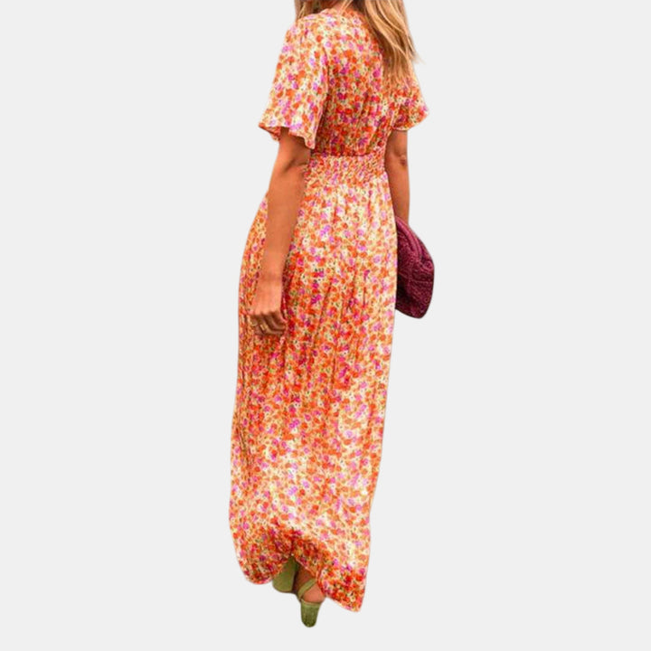 Floral maxi dress with short flutter sleeves and gathered smocked back, multicolor