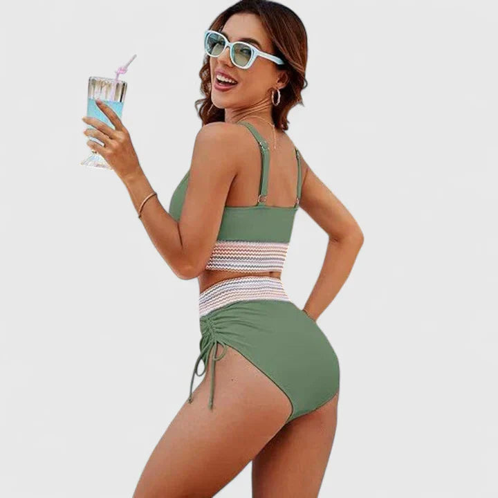 Green elegant bikini set with striped bandeau trim, tie-side high-waist bottoms