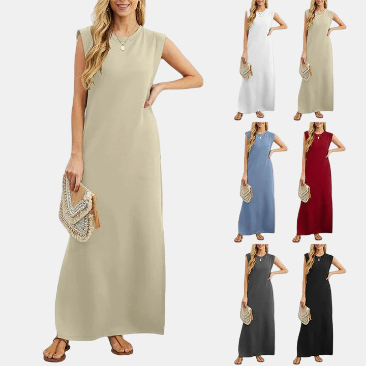 Elegant maxi dress color options display, sleeveless crew neck, various colors
