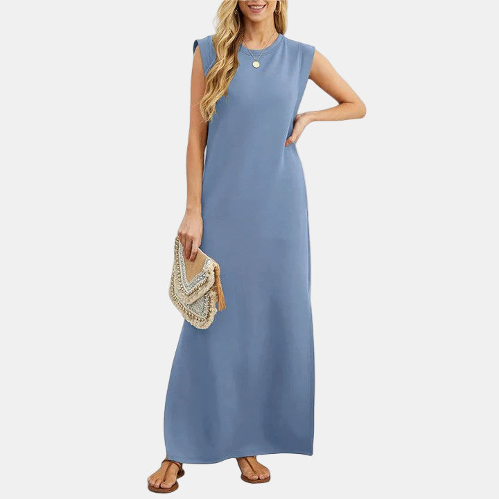 Elegant maxi dress, sleeveless crew neck, blue, straight maxi hem