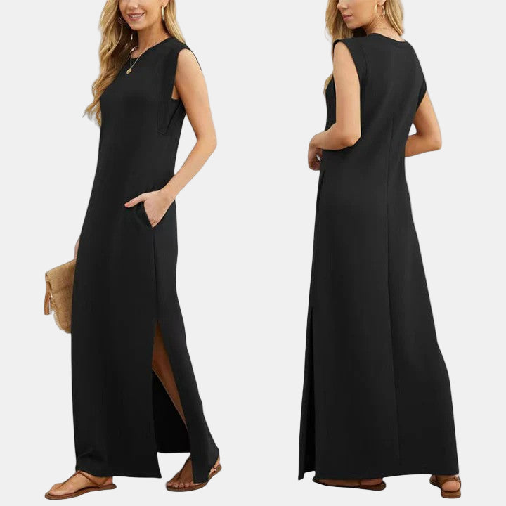 Elegant maxi dress, sleeveless crew neck, black, side slit maxi hem