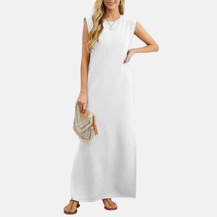 Elegant maxi dress, sleeveless crew neck, white, straight maxi length