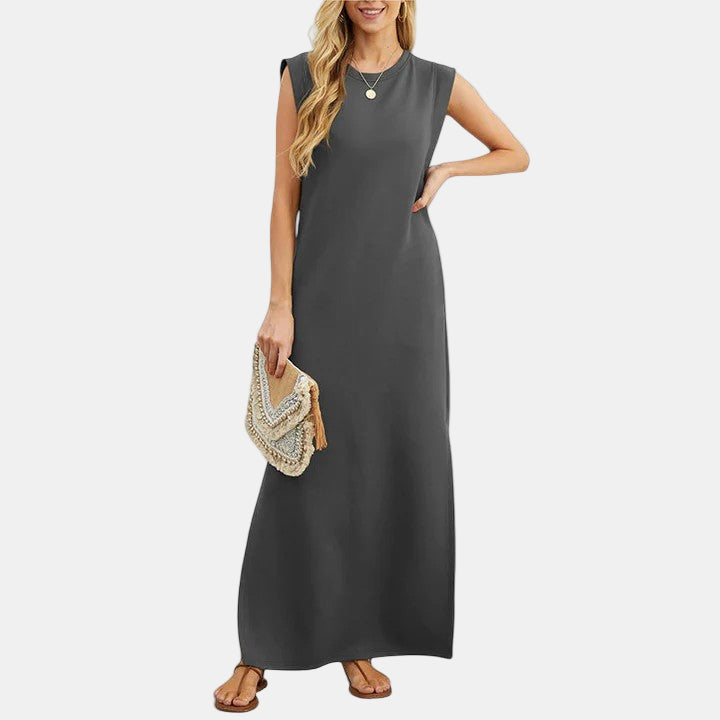 Elegant maxi dress, sleeveless crew neck, dark gray, straight maxi hem